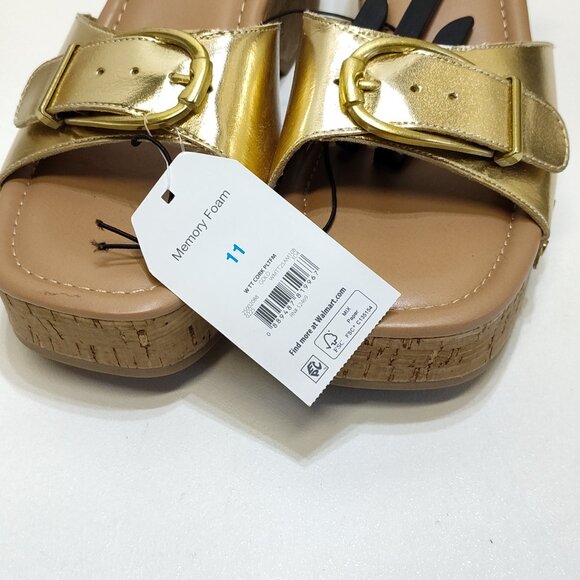 Time and Tru Gold Buckle Cork Wedge Platform Memory Foam Sandals Size 11 NWT - Picture 8 of 9